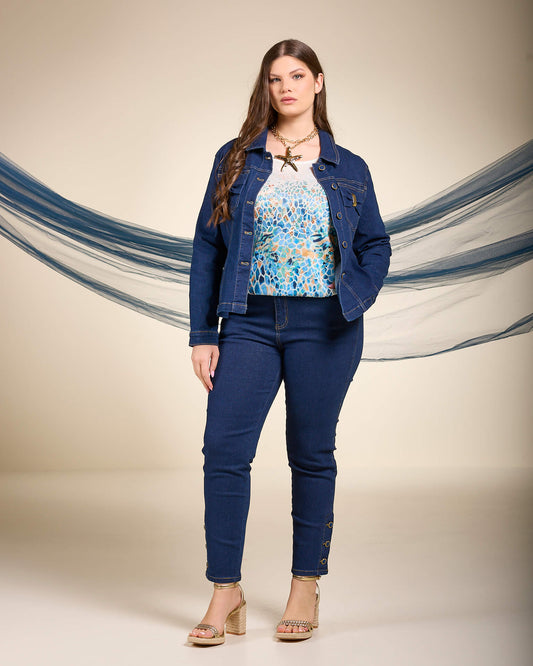 T-shirt fantasia navy stampata con inserti in pizzo e strass curvy