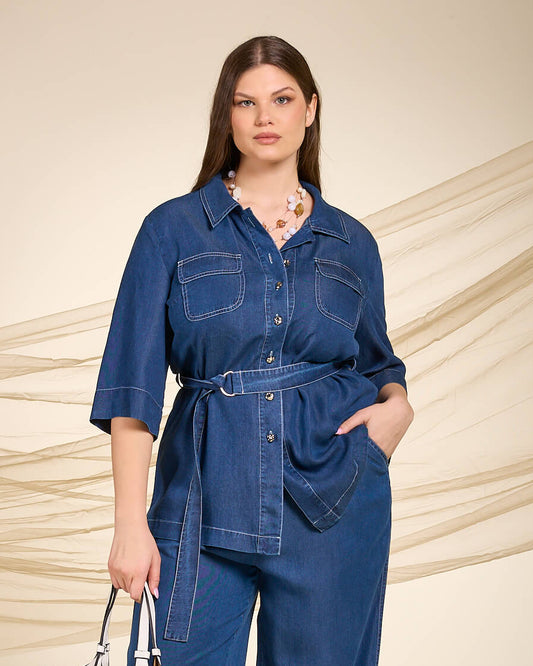 Camicia lunga in chambray con tasche e cintura curvy