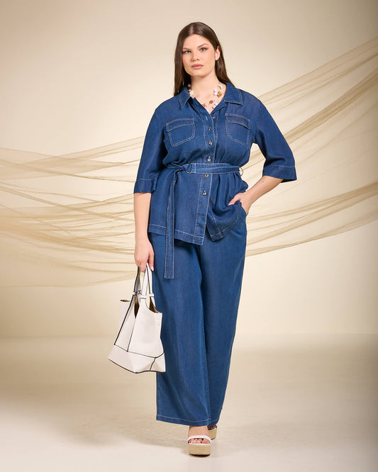Camicia lunga in chambray con tasche e cintura curvy