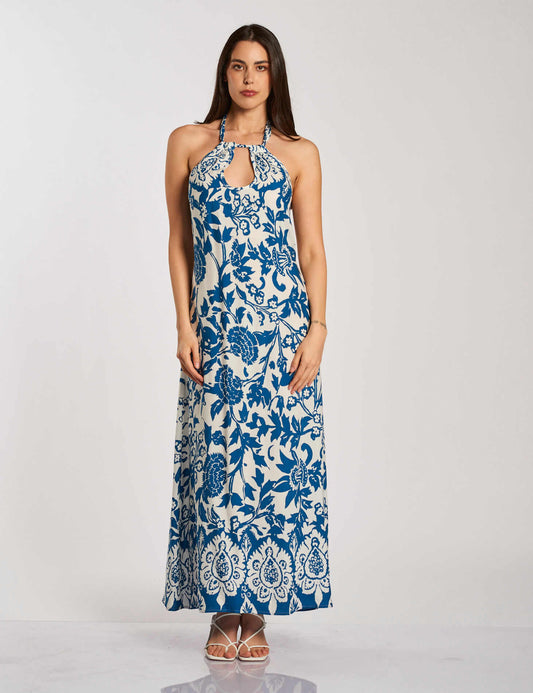 Vestito lungo in viscosa fantasia floreale blu con scollo all’americana con goccia