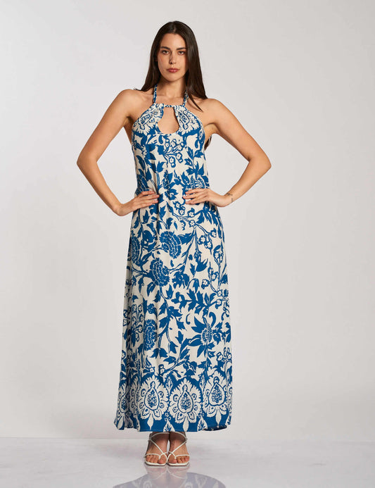 Vestito lungo in viscosa fantasia floreale blu con scollo all’americana con goccia