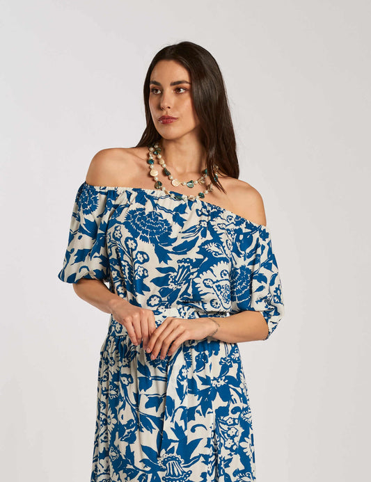 Casacca in viscosa fantasia floreale blu con elastico sulle spalle