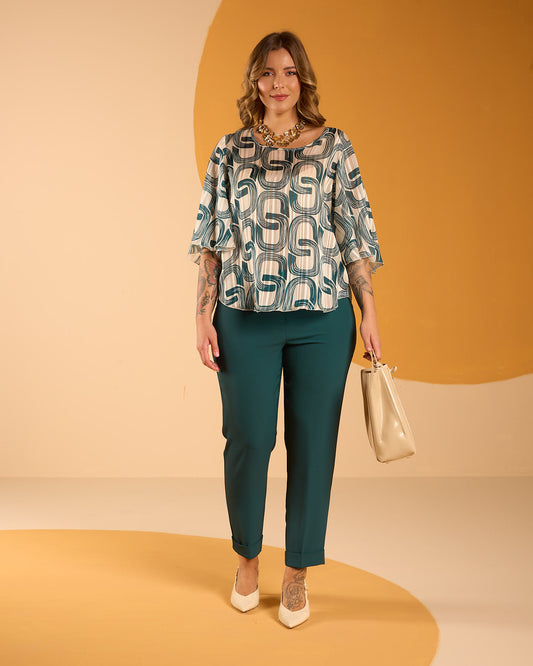 Pantalone in cady fluido foresta con zip e risvoltino sul fondo curvy