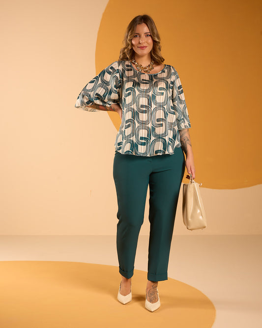 Pantalone in cady fluido foresta con zip e risvoltino sul fondo curvy