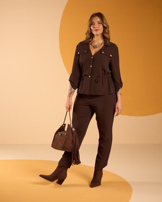 Pantalone in cady fluido caffè con zip ed elastico posteriore curvy