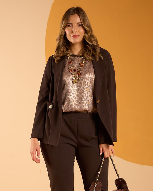 Top in scubacrepe moro con fronte laminato in fantasia maculata curvy