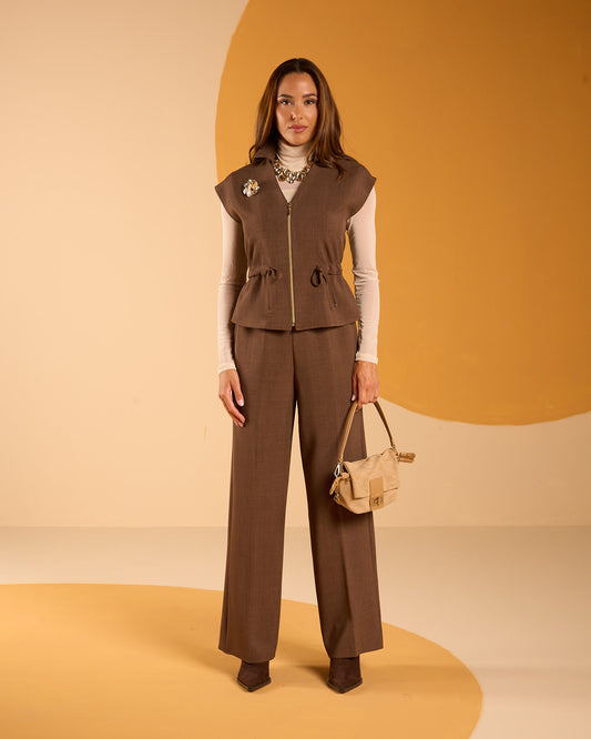 Pantalone gamba dritta melange con elastico in vita