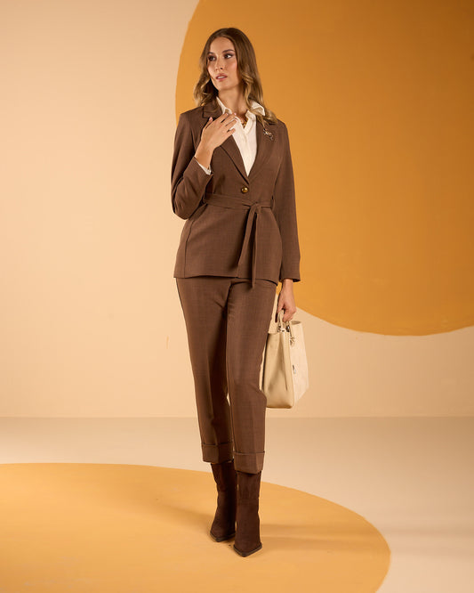 Pantalone melange con bottone in vita e risvolto sul fondo