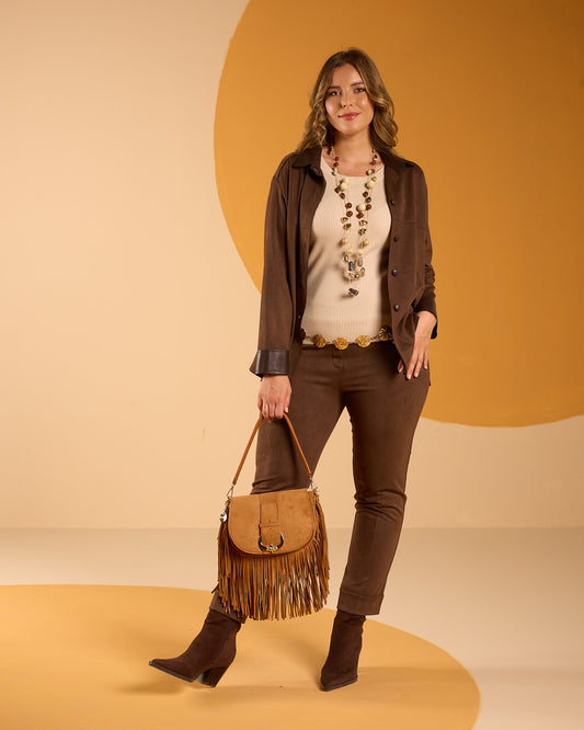 Pantalone in scubasuede con elastico in vita e risvolto curvy