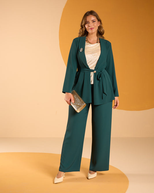 Giacca in cady fluido foresta con collo a scialle e cintura in vita curvy