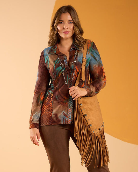 Camicia in jersey fantasia devorato patchwork con colletto curvy