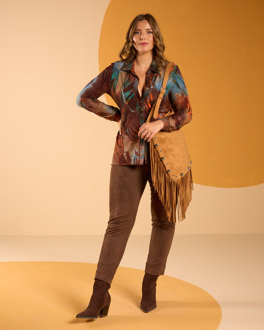 Camicia in jersey fantasia devorato patchwork con colletto curvy