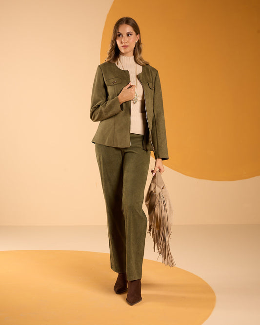 Pantalone gamba larga in velluto a coste con finta tasca e zip
