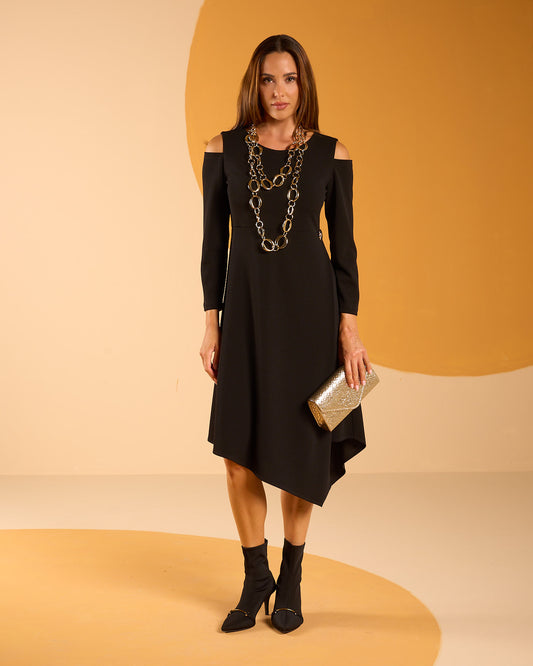 Vestito longuette con accessorio gioiello e oblò sulle maniche lunghe