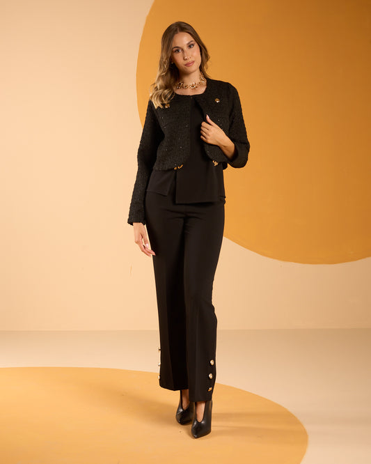 Pantalone largo gamba dritta in scubacrepe con spacco sul fondo e bottoni