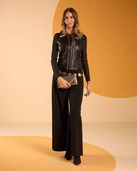 Giacca in ecopelle con inserti in tulle e catena oro