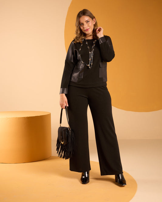 Pantalone in scubacrepe con elastico in vita e gamba larga curvy