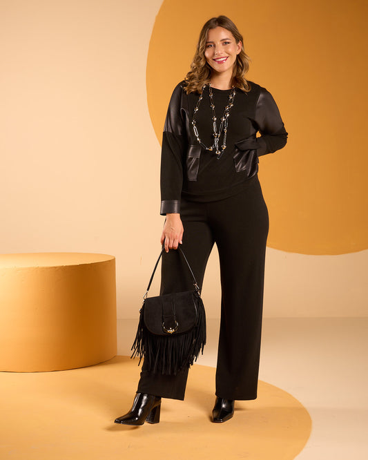 Pantalone in scubacrepe con elastico in vita e gamba larga curvy