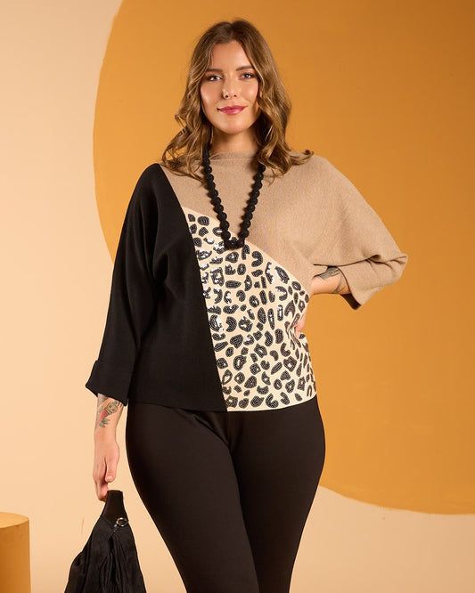 Ponchetta color block con dettagli maculati e paillettes