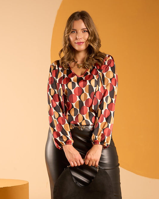 Camicia in raso fantasia cerchi con sciarpina sullo scollo curvy