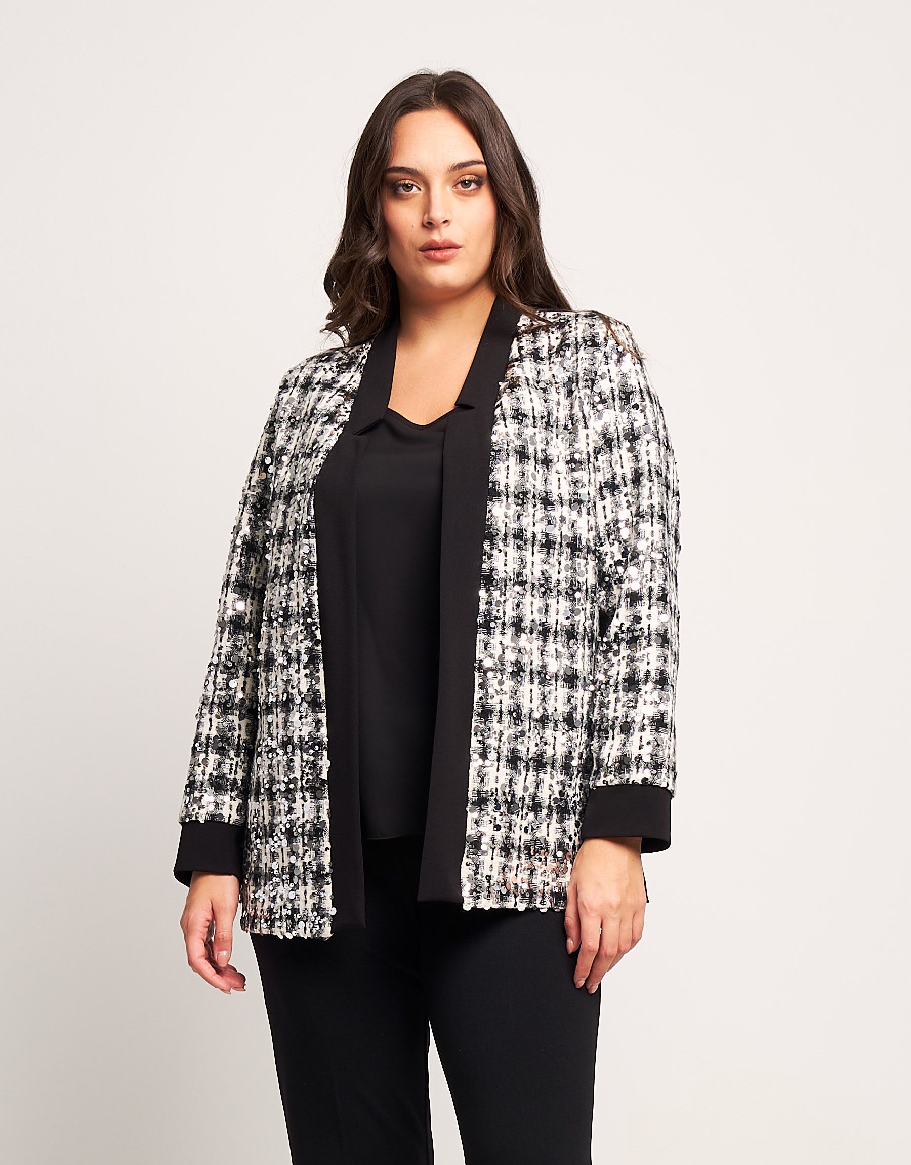 Giacca lunga bouclé con paillettes curvy