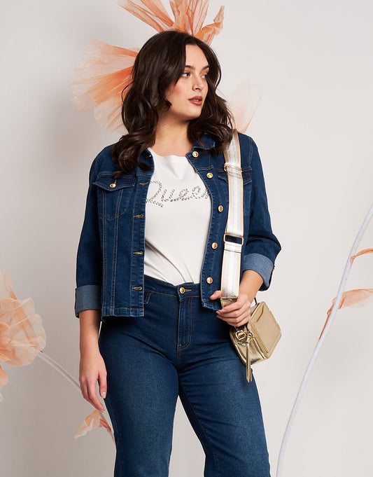 Giubbino in jeans con colletto e taschini curvy