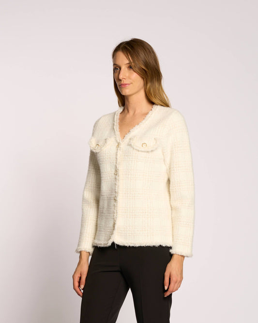 Golfino con disegno a quadri e frangette