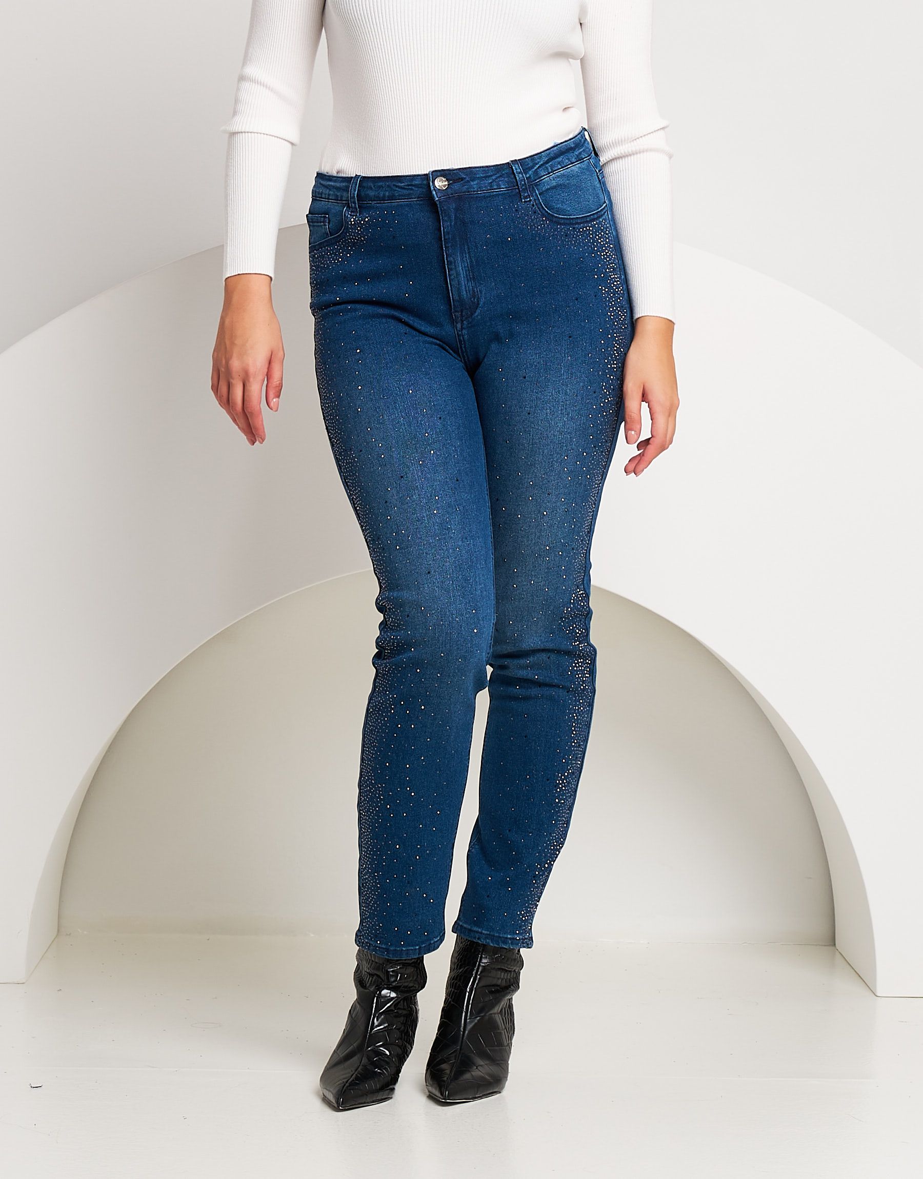 Jeans 5 tasche con strass bicolore curvy