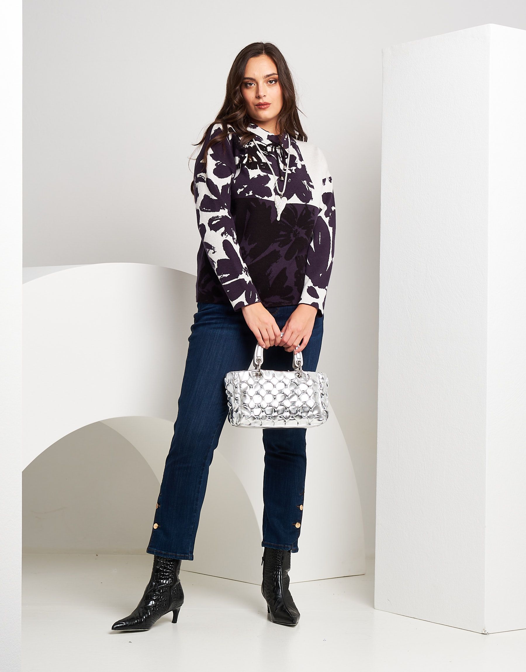 Maglia con motivo a fiori e coulisse