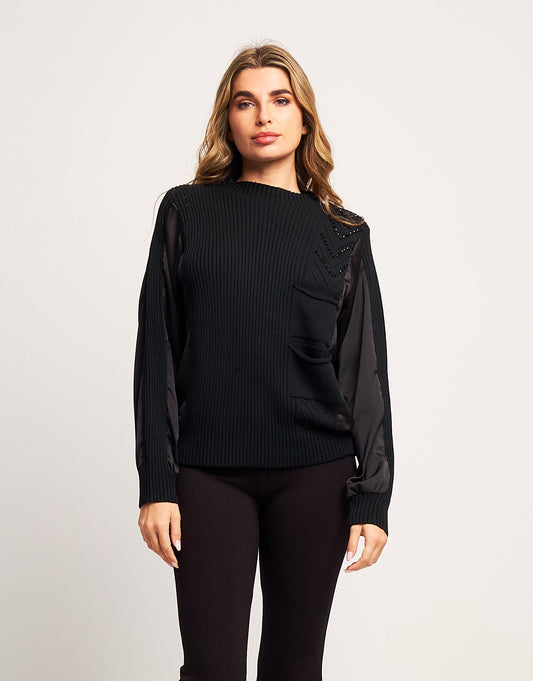 Maglione a coste con raso e strass