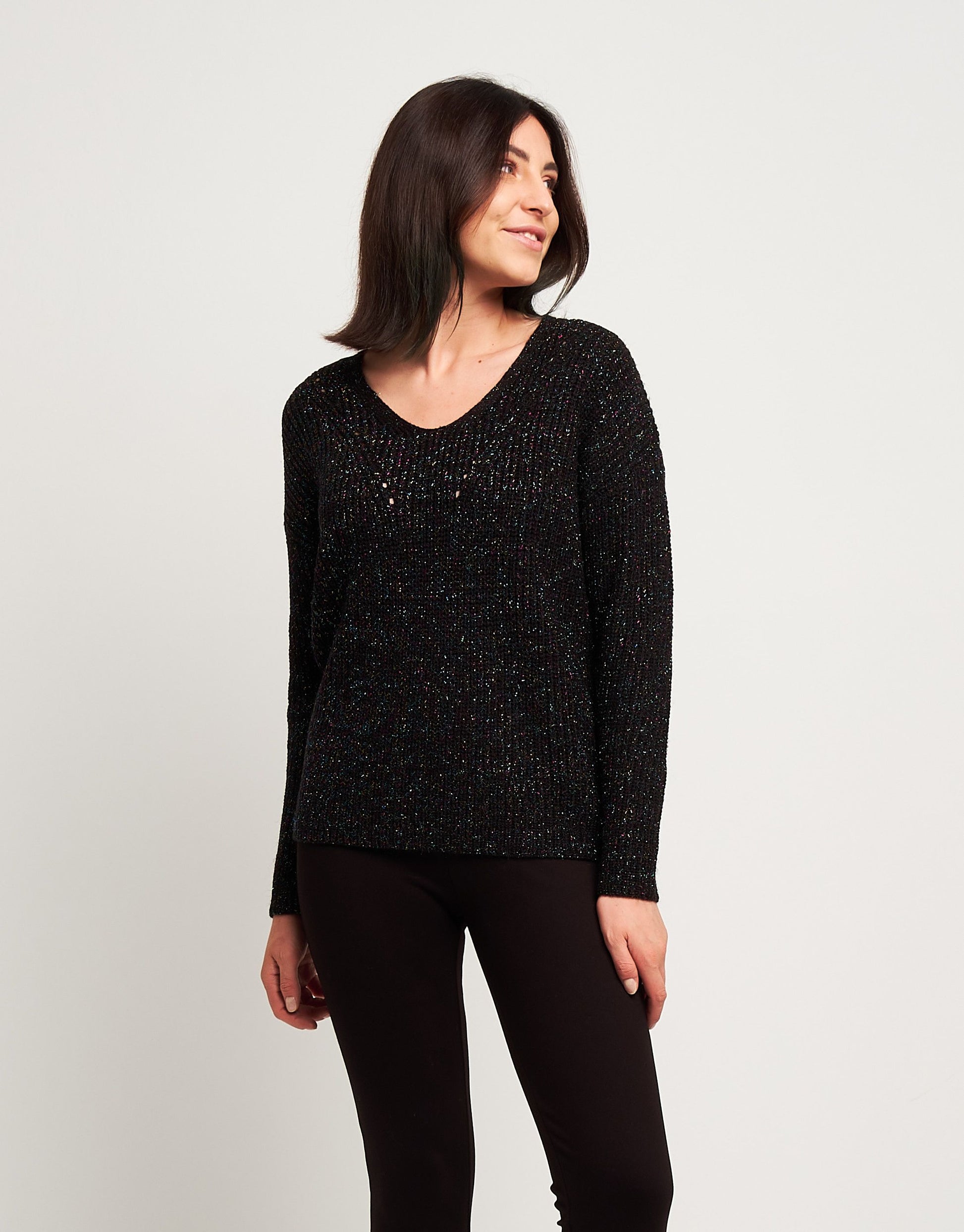 Maglione scollo a V con lurex multicolor
