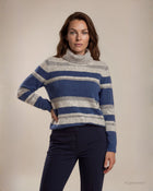 Maglia collo alto a righe miste e filato con paillettes denim