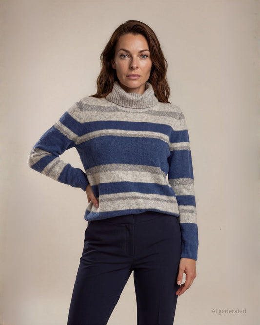 Maglia collo alto a righe miste e filato con paillettes denim