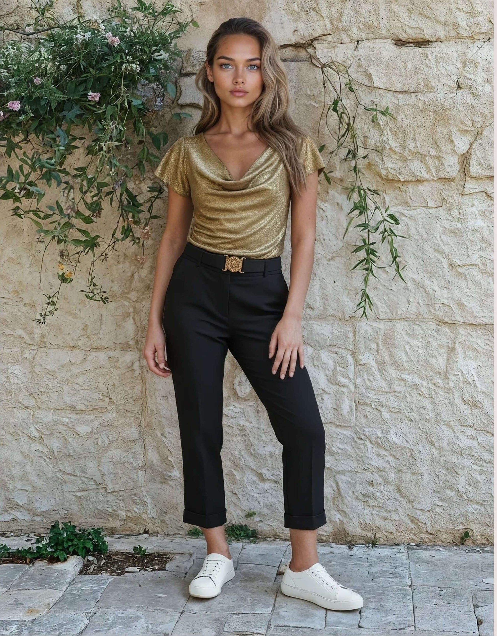 Pantalone con cinturina e fibbia oro