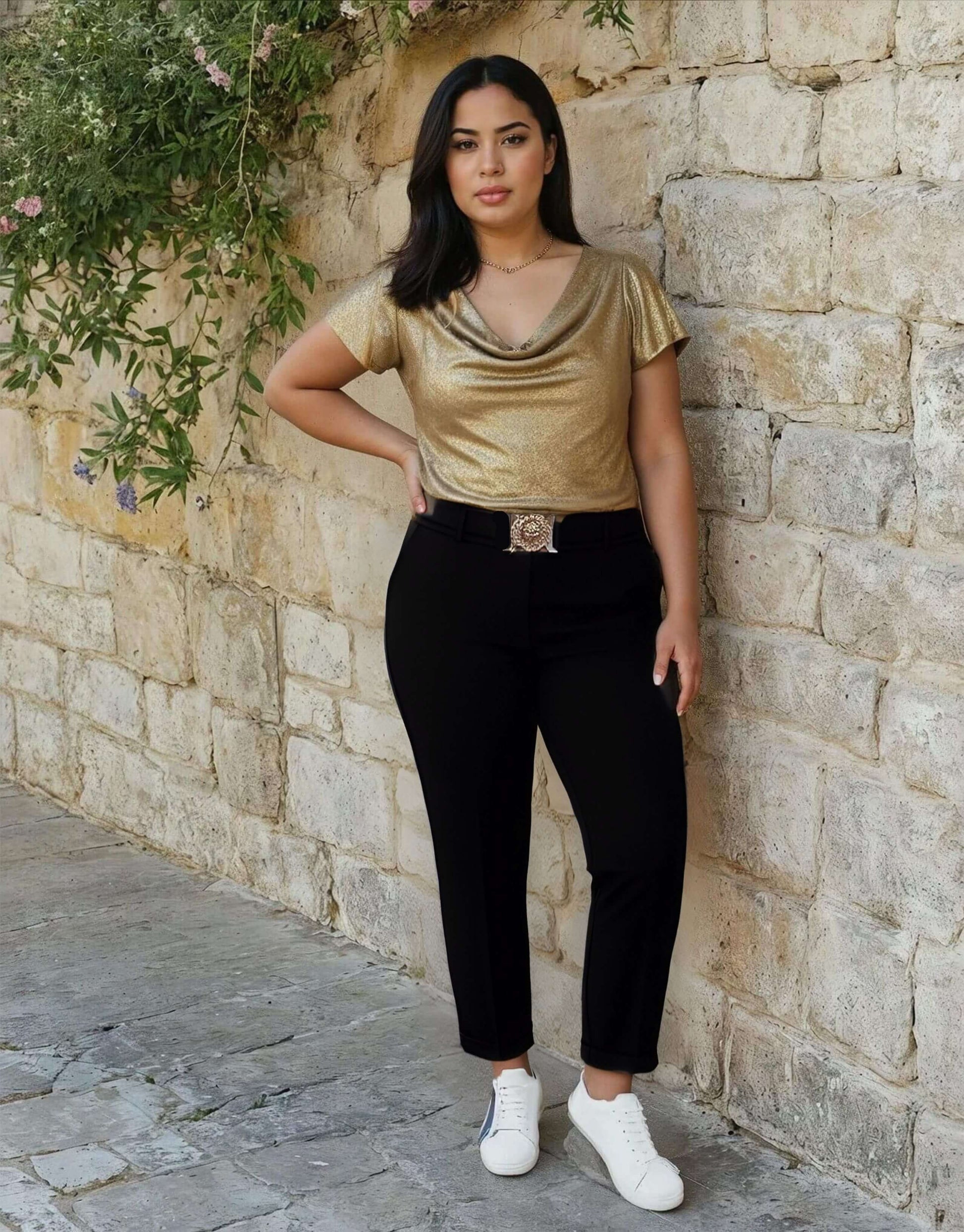 Pantalone con cinturina e fibbia oro curvy