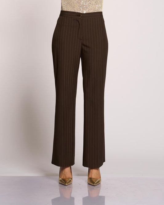 Pantalone gamba dritta gessato con zip e bottone