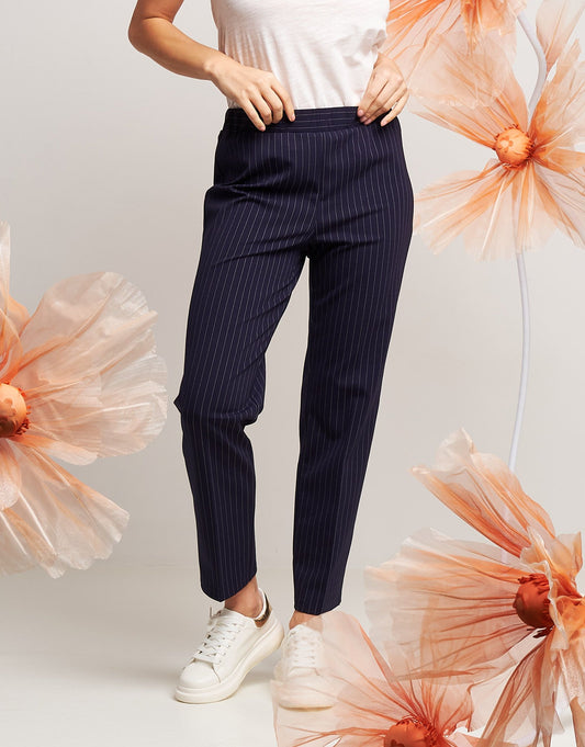 Pantalone gessato con elastico in vita