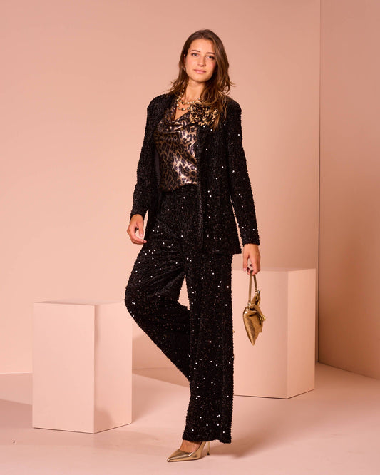 Pantalone in ciniglia ricamato con paillettes