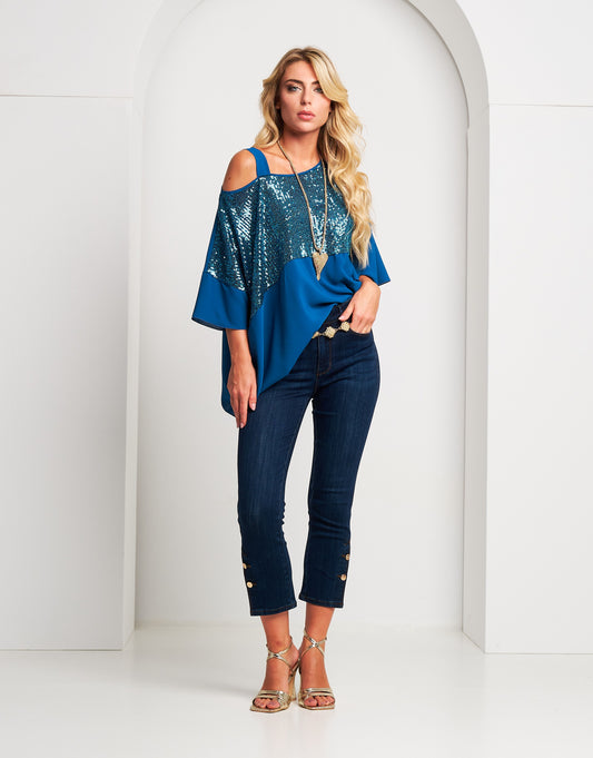 Poncho asimmetrico pavone con paillettes