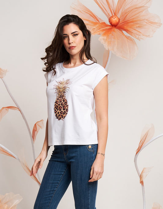 T-shirt con stampa ananas e strass