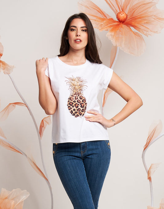 T-shirt con stampa ananas e strass