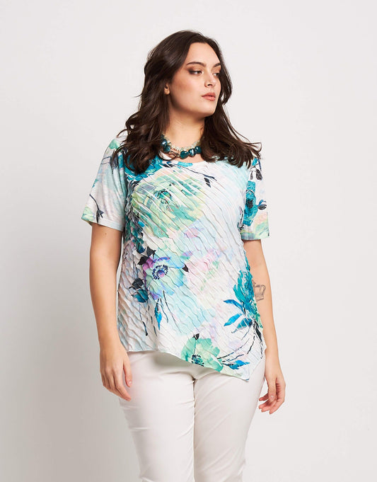 T-shirt stampata con punta e volants curvy