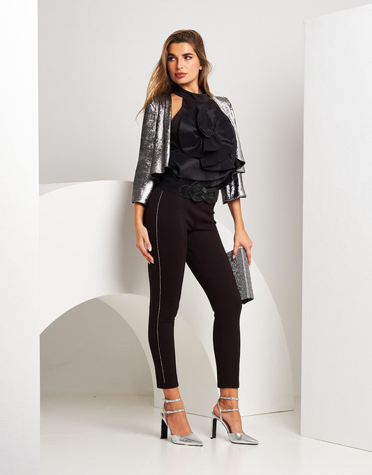 Top con fiore in taffetà e spacco