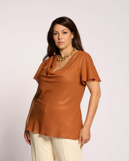 Top in georgette laminata con scollo a cappuccio curvy