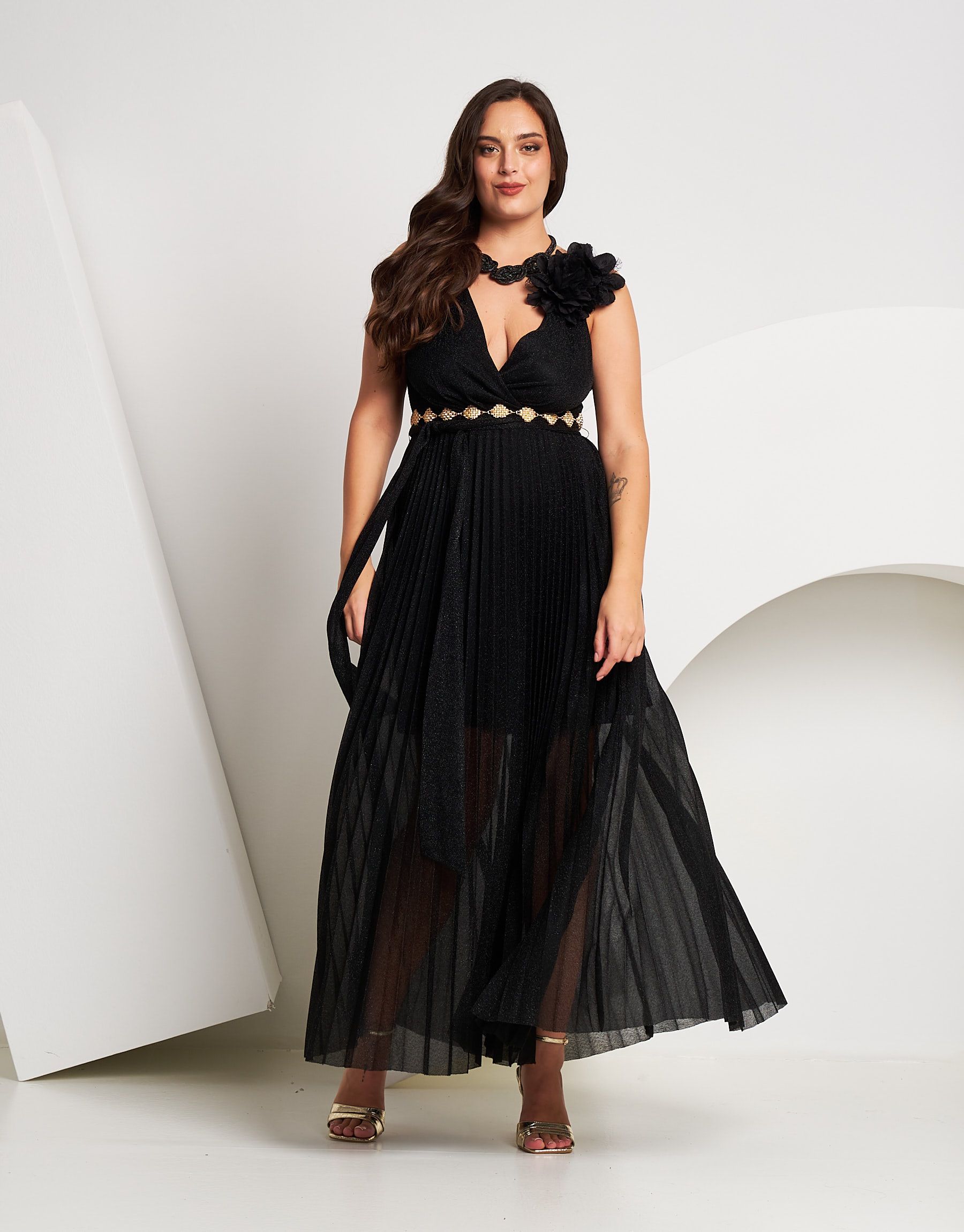 Vestito lungo in lurex con plissé